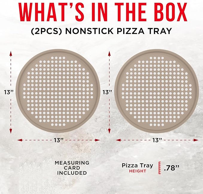 Non-Stick Pizza Pan 2 Pack, 13 Inch Round Carbon Steel Pizza Tray with Perforated Holes for Crispy Crust, PFOAPFOSPTFE Free, Dishwasher & Oven Safe Up To 450°F, Durable Nonstick White Marble Coating