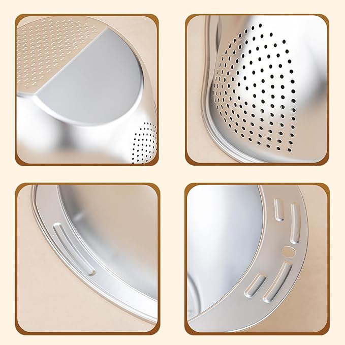 Rice Washer Strainer Bowl - 4-in-1 Washing Bowl for Quinoa, Stainless Steel Side Drainers Colander for Cleaning and Rinsing Fruits, Vegetables, and Beans - Versatile Kitchen Tool