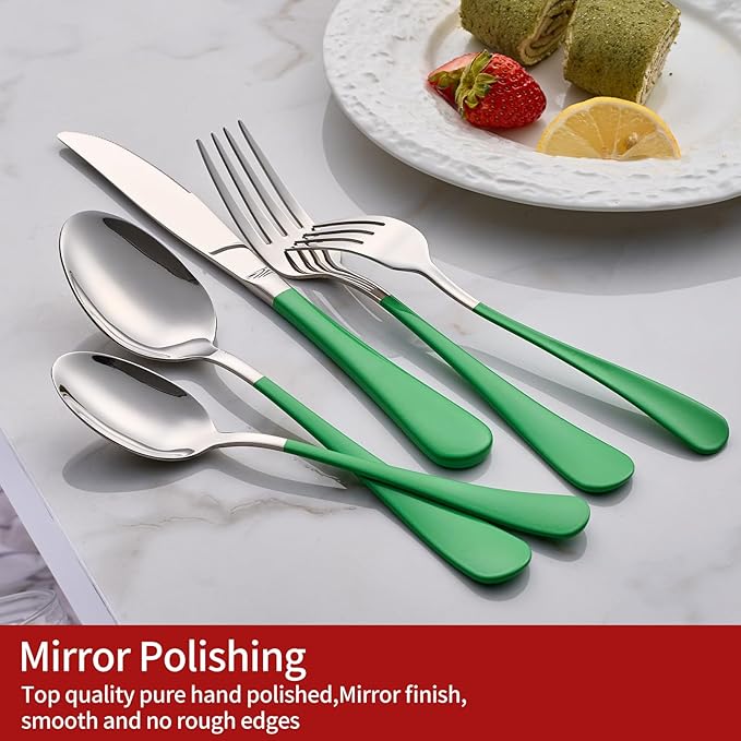 Grass Green Silverware Set 20 Piece 18/0 Stainless Steel Flatware Grass Green Handle Cutlery Set Service for 4 Fork Knife Spoon Set Mirror Finish Dishwasher Safe