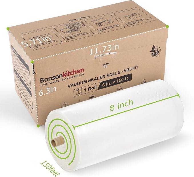 [2025 New] Bonsenkitchen 8” x 150’ Vacuum Sealer Bags Rolls with Cutter for Food Storage, Commercial Grade, BPA Free, Great for Meal Prep and Sous Vide Cooking