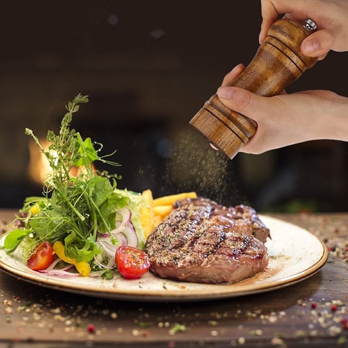 Pepper Mill - 5 inch Pepper Grinder Pepper Grinder Refillable Oak Salt and Pepper Grinder Set Sea Salt Grinder Ceramic Pepper Mill Grinder Adjustable Coarse to Fine pepper Grinder Mill (2Pack)
