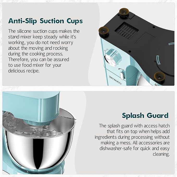 COOKLEE Stand Mixer, 9.5 Qt. 660W 10-Speed Electric Kitchen Mixer with Dishwasher-Safe Dough Hooks, Flat Beaters, Wire Whip & Pouring Shield Attachments for Most Home Cooks, Blue