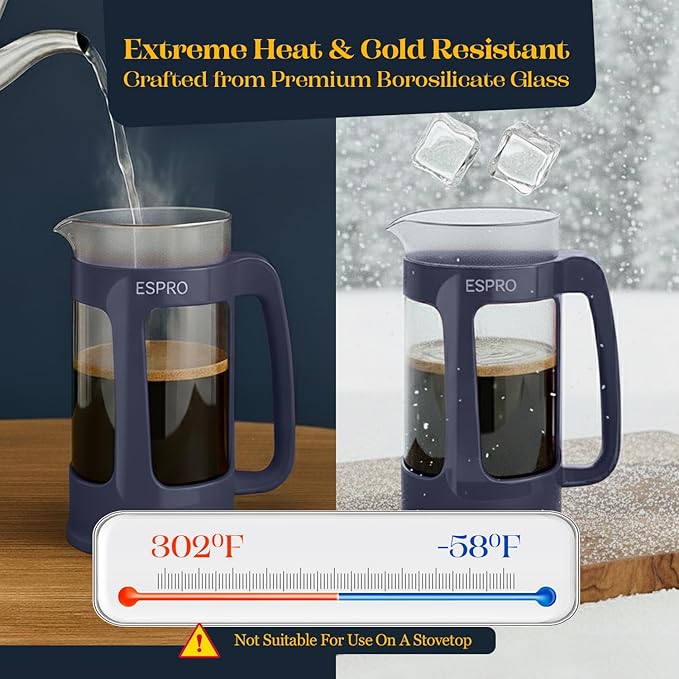 ESPRO P3 French Press Coffee Maker – Patented Double Micro-Filter for Grit-Free Brew, Heat Resistant thicker Borosilicate Glass Coffee press – Blue (32 oz)