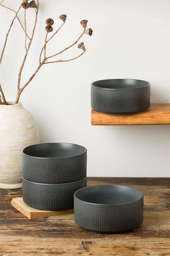 famiware Star Cereal Bowl Set, Soup Bowls Set of 6, Double Reactive Glaze, Stackable, 23 oz Deep Bowls Suitable for Popcorn, Oatmeal, Dessert - Dishwasher and Microwave Safe, Matte Dark Charcoal