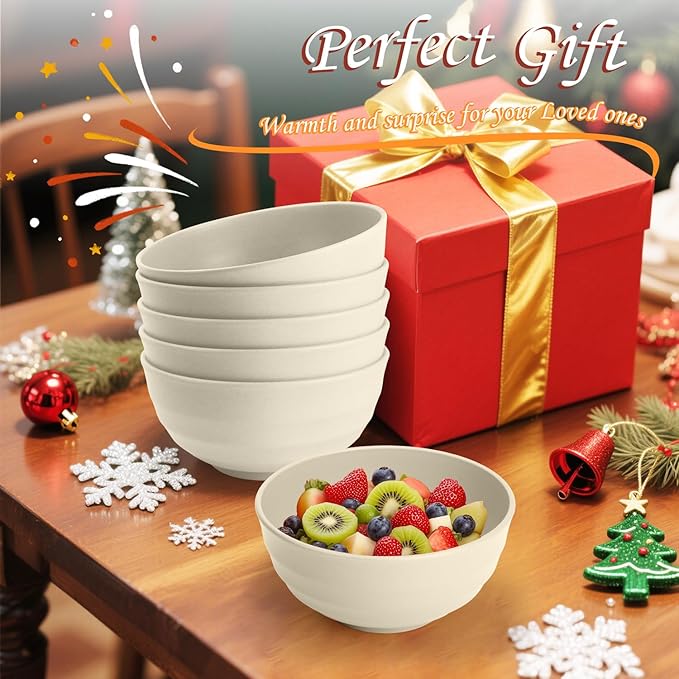 Homienly Unbreakable Large Salad Bowls Set of 6, 60oz Large Wheat Straw Bowls for Cereal, Salad & Pho, Ideal for RV & Camping, Microwave Safe Alternative to Plastic Bowls - Beige