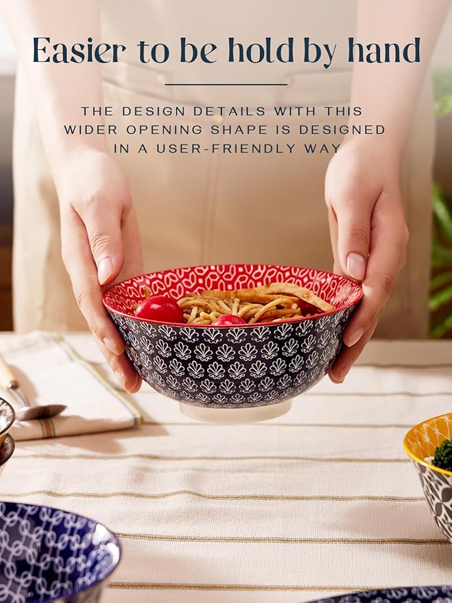 DOWAN Mosaian 33 OZ Large Bowl Set of 6 - Ceramic Deep Bowls for Ramen, Pasta, Salad - Vibrant Patterned Porcelain Bowls for Kitchen Decor & Housewarming Gift - Dishwasher & Microwave Safe