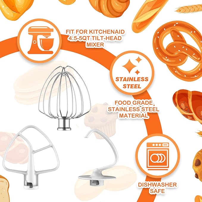 3-Piece Set Mixer Accessories for KitchenAid 4.5QT Tilt-Head Stand Mixers, Stainless Steel K45WW, Enameled K45DH & Enameled K45B, All Dishwasher Safe