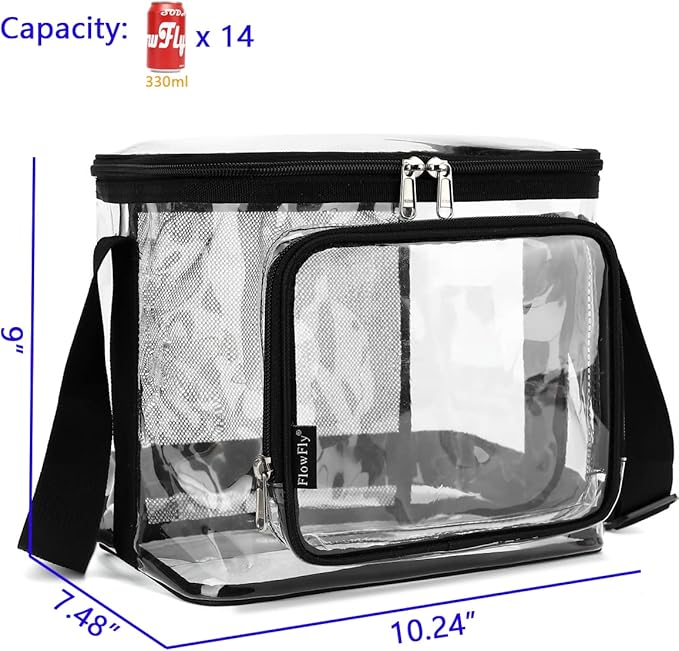 FlowFly Insulated Reusable Lunch Bag Adult Large Lunch Box for Women and Men with Adjustable Shoulder Strap,Front Zipper Pocket and Dual Large Mesh Side Pockets, Clear