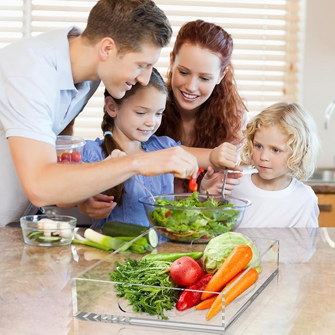 15 * 15 Acrylic Tray for Ottoman, Serving Tray with Handle, Lucite Tray Organizer for Bench, Coffee Table Countertop, Kitchen, Bathroom, Living Room, Powder Room