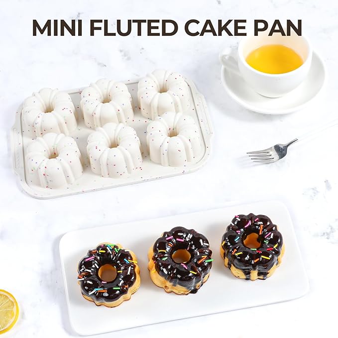 Mini Fluted Tube Cake Pans for Baking with Metal Reinforced Frame, 2Pcs Silicone 6-Cavity Mini Flan Molds, Nonstick Baking Mold for Cupcake, Brownie, Donuts, Cornbread, Jello