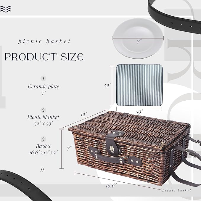 Picnic Basket Set for 4 with Waterproof Blanket Mat Insulation Bag Wicker Navy Blue Brown Stripe Vintage Retro Classic Gift for Wedding Birthday Summer Camp Outdoor Camping Travel Christmas