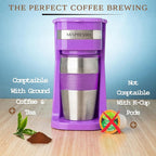 Mixpresso Purple Personal Single Serve Coffee Maker with 14oz Travel Mug, Drip Small Coffee Maker with Auto Shut Off, Reusable Filter, Works with Ground Coffee Only – Not for K-Cup Pods