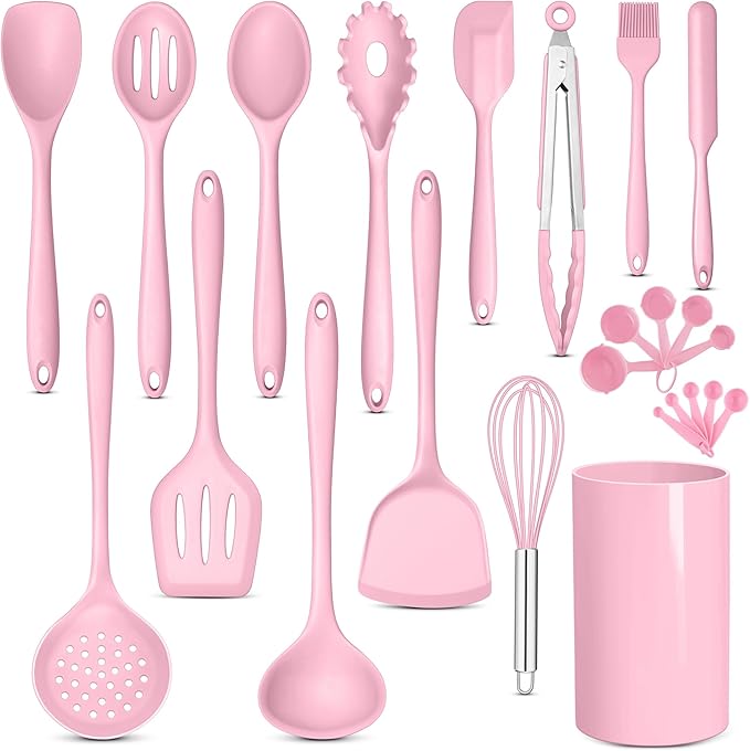 E-far Pink Silicone Cooking Utensils Set, 24Pcs Heat Resistant Kitchen Utensil with Holder, Silicone Kitchen Tools with Spatula Turner Spoon Tongs Whisk, Non-Toxic & Dishwasher Safe