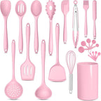 E-far Pink Silicone Cooking Utensils Set, 24Pcs Heat Resistant Kitchen Utensil with Holder, Silicone Kitchen Tools with Spatula Turner Spoon Tongs Whisk, Non-Toxic & Dishwasher Safe