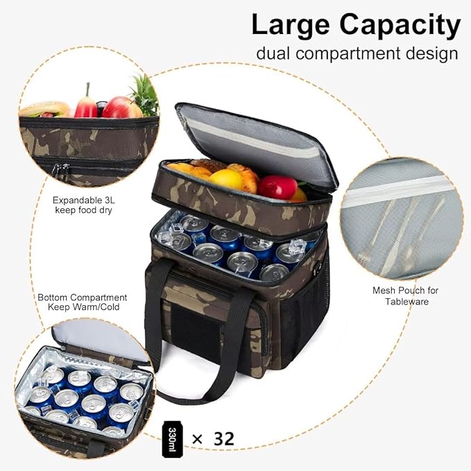 Expandable Large Tactical Lunch Box for Adults, Heavy Duty Durable Lunch Cooler Bag with MOLLE Lunch Pail for Work Camping Fishing Picnic (Black-Camo, 24L)