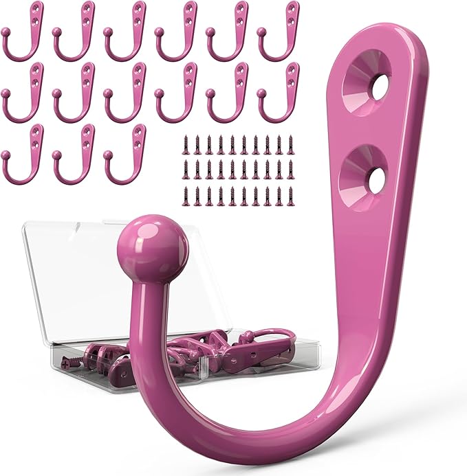 15-Pack Coat Hooks with 30 Screws | Heavy Duty Wall Mounted for Robe, Backpack & Keys | Entryway, Bathroom, Bedroom Hanging Hardware (Pastel Pink)