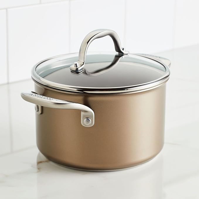 Anolon Ascend Hard Anodized Nonstick Saucepan/Saucepot and Lid - Good for All Stovetops (Gas, Glass Top, Electric & Induction), Dishwasher & Oven Safe with Stainless Steel Handle, 4 Quart - Bronze