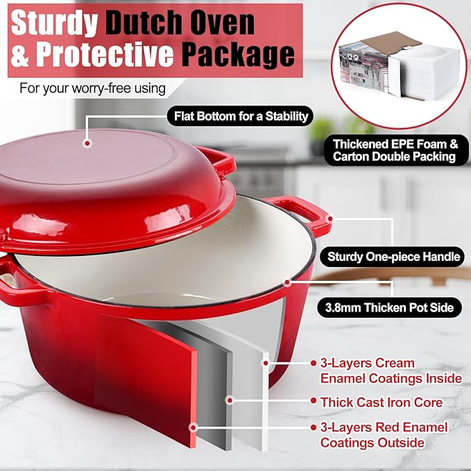 P&P CHEF 5Qt Dutch Oven Pot for Bread Baking (Red), 2 In 1 Round Cast Iron Dutch Oven with Lid Set, Skillet & Pot for Roasting Braising Stewing Frying Simmering, Multi Stoves & Oven Safe