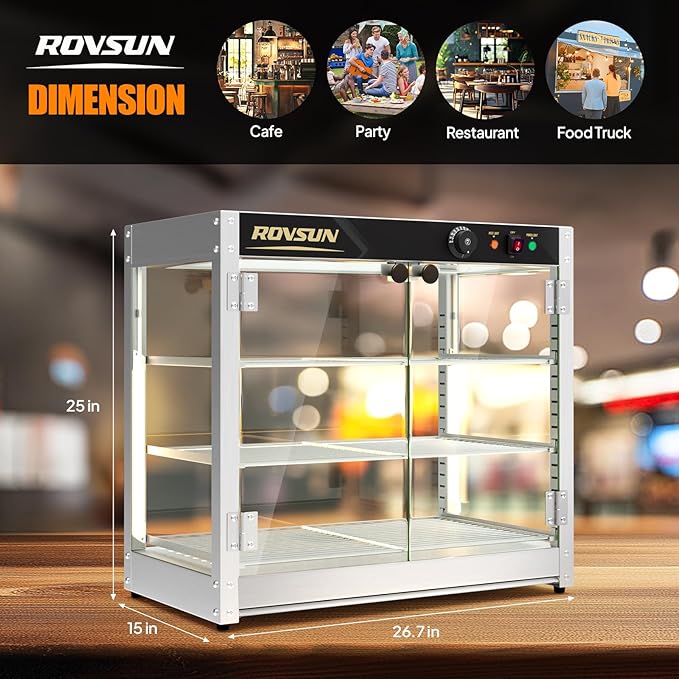 ROVSUN 3-Tier Commercial Food Warmer, 27" Pizza Warmer Food Warmer Display with LED Adjustable Lighting Glass Door Removable Shelves, Countertop Electric Food Warmer for Buffet Restaurant 110V 800W