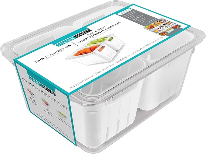Kitchen Spaces Twin Colander Stackable Food Storage Organizer for Fridge, Freezer, and Pantry, 8.8" x 6.8" x 3.9", Blue