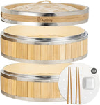 9.5-Inch Vertical Bamboo Steamer Basket, 2-Tier with Stainless Steel Rings | 50 Liners, Sauce Dish & 2-Chopsticks | Cooking Pot for Buns Dumplings Rice Vegetables Dim Sum