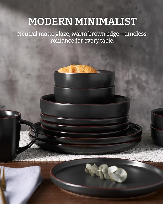 Famiware Mercury Dinnerware Sets with Mugs, Service for 6 (24 Pieces), Stoneware Plates and Bowls Sets, Microwave and Dishwasher Safe Dishes Set, Matte Black