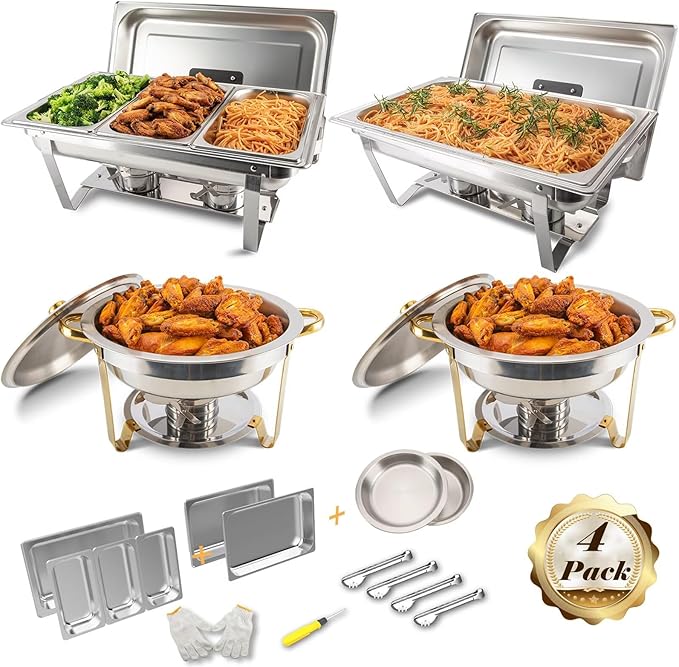 4 Pack Chafing Dish Buffet Set Stainless Steel 5 QT Round&8 QT Rectangular Chafers Food Warmers with Full,1/3 Rectangular&Round Food Pan,Fuel Holder,Foldable Frame For Catering Events