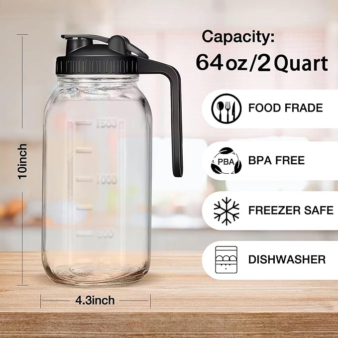 Glass Pitcher with Lid - 2Pack 2 Quart Wide Mouth Mason Jar Pitcher, 64OZ Double Leak-proof Water Pitcher, Breastmilk Pitcher with Pour Spout Lids for Water, Juice, Milk, Tea, Iced Coffee