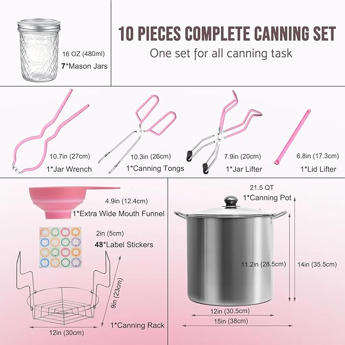 Canning Pot Water Bath Canner with Rack and Lid, 21.5QT Stainless Steel Stock Pot, Canning Supplies Starter Kit with Mason Jars, Tongs, Full Canning Accessories & Canning Tools Set for Beginners