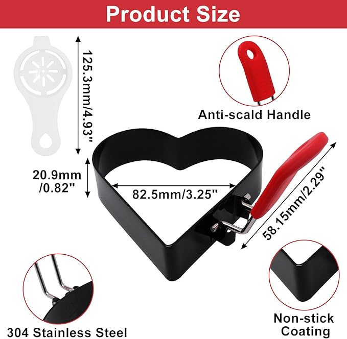 3.5 Inch Heart Egg Rings for Frying Eggs with Foldable Handle, 2 Pack Stainless Steel Heart Egg Shaper, Eggs Mcmuffin Ring Mold for Camping Pancake Sandwiches