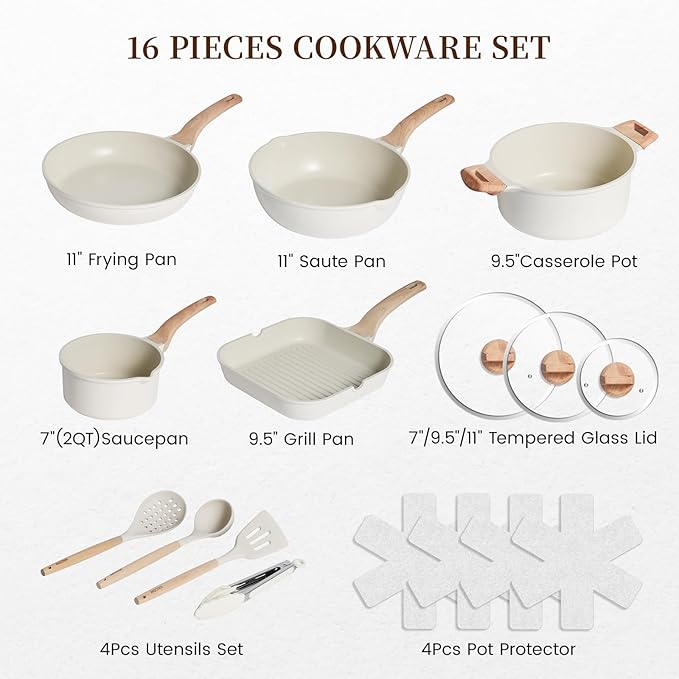 Kikcoin 16Pcs Pots and Pans Set Nonstick Ceramic Cookware Sets Induction Kitchen Cooking Set Non toxic Healthy Non Stick w/Grill Pan,Saute Pan, Ceramic White