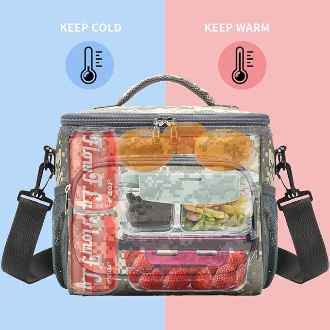 FlowFly Insulated Reusable Lunch Bag Adult Large Lunch Box for Women and Men with Adjustable Shoulder Strap,Front Zipper Pocket and Dual Large Mesh Side Pockets,DigitalCamo