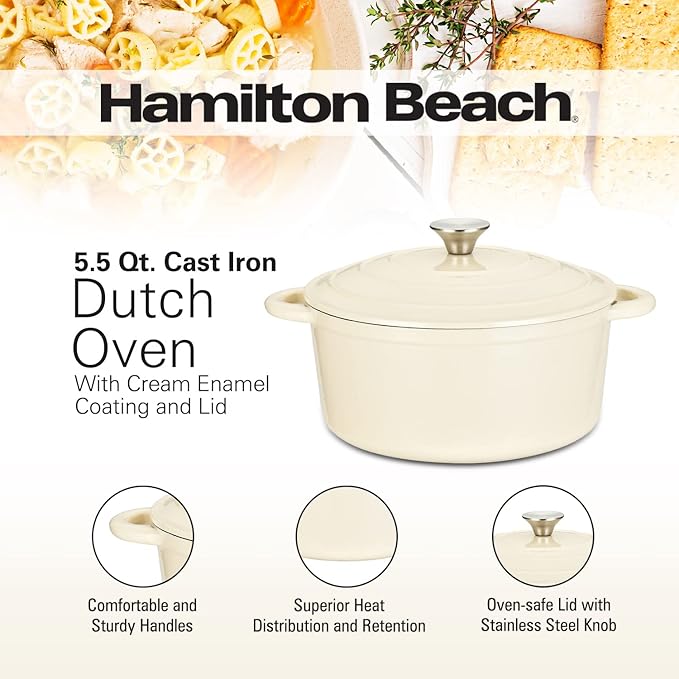 Hamilton Beach 5.5-Quart Enameled Cast Iron Dutch Oven Pot with Lid, Cream