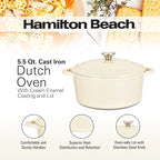 Hamilton Beach 5.5-Quart Enameled Cast Iron Dutch Oven Pot with Lid, Cream