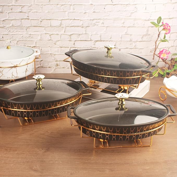 12" x 8" Ceramic Oval Casserole Dish with Glass Lid and rack, 1.7 Quart Serving Soup Tureen,Chafing Dish for Buffet, Family Food preserve Tray, Catering Casserole for Party Style, Black