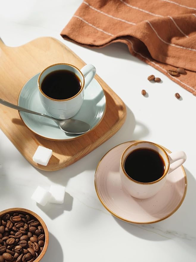 famiware Jupiter Espresso Cups and Saucers Set of 4, 3 oz Ceramic Small Coffee Mug with Handle, Spiral Stoneware Demitasse Cup for Tea, Latte, Cafe - Microwave & Dishwasher Safe, Multi-color