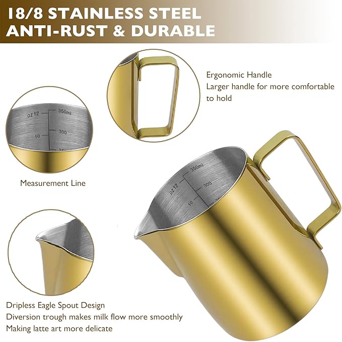 CAMKYDE Stainless Steel Milk Frothing Pitcher 12 oz, Espresso Steaming Pitcher with Decorating Pen for Espresso Machines, Cappuccino, Latte Art (Gold)