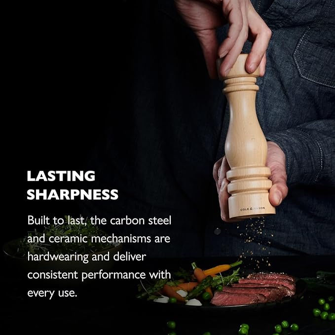Cole & Mason London Refillable Spice Mill - Kitchen & Home Accessory - Salt & Pepper Grinder Set - Salt Mill with Ceramic Mechanism - Pepper Mill with Carbon Steel Mechanism - 8", Natural Beech