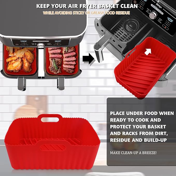 WMKGG Silicone Air Fryer Liners, 2PCS Reusable Rectangular Air Fryer Silicone Liners, Non-Stick Basket Accessories for Ninja Foodi Dual DZ201/DZ401 8-10QT