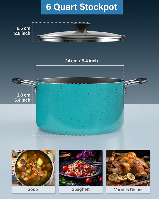Cook N Home Nonstick Stockpot with Lid 6-Quarts, Professional Cooking Soup Pot, Casserole Cookware, Turquoise