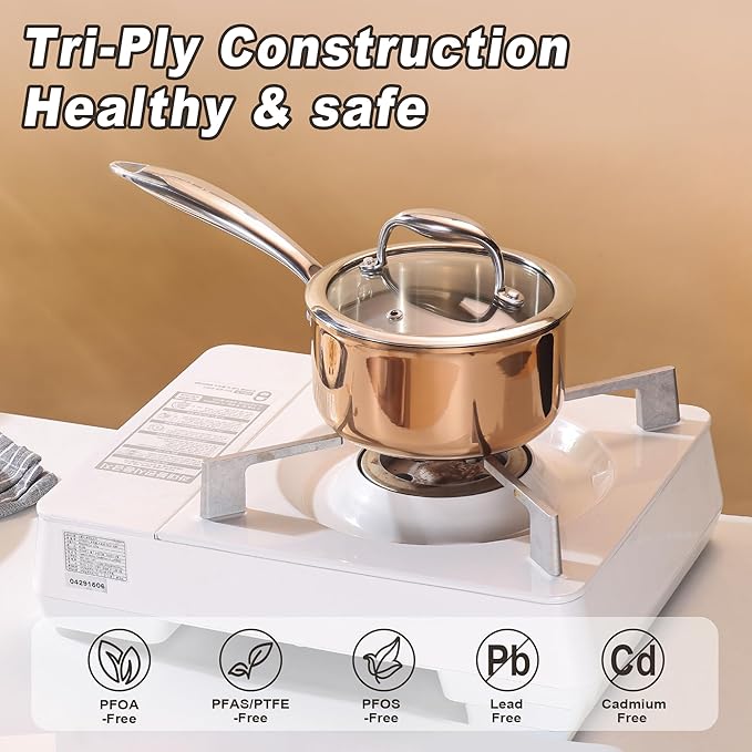 1-Quart Saucepan with Lid, Tri-Ply Stainless Steel Pot with Stay-Cool Handle & All Cooktop Compatibility (Gas, Ceramic, Electric) - Copper