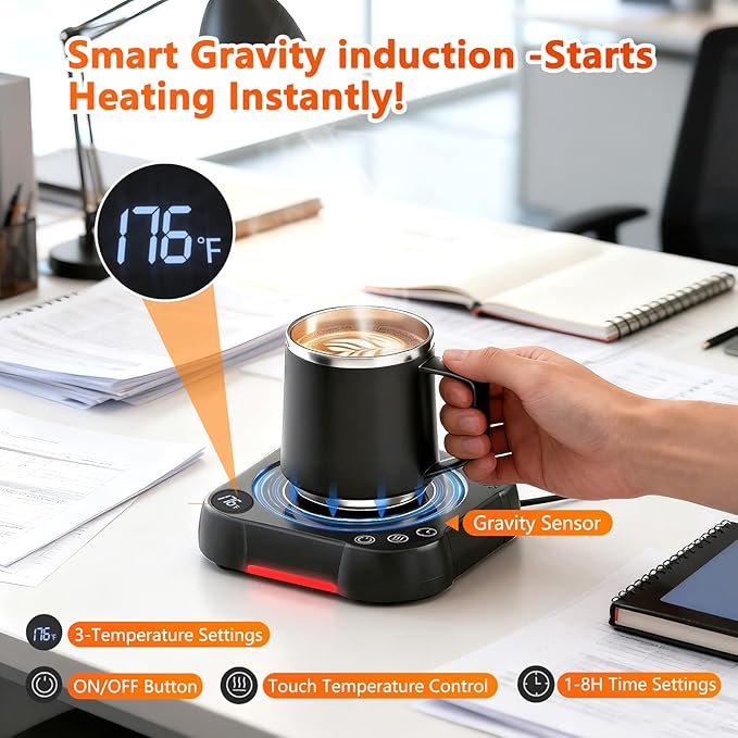 Coffee Mug Warmer & Cup Set - Desk Coffee Cup Warmer for Office/Home with 8-Temp Fast Heating (176℉ Max), Auto Shut Off, Gravity-Induction, 1-12H Timer - Ideal Gift for Coffee Lovers