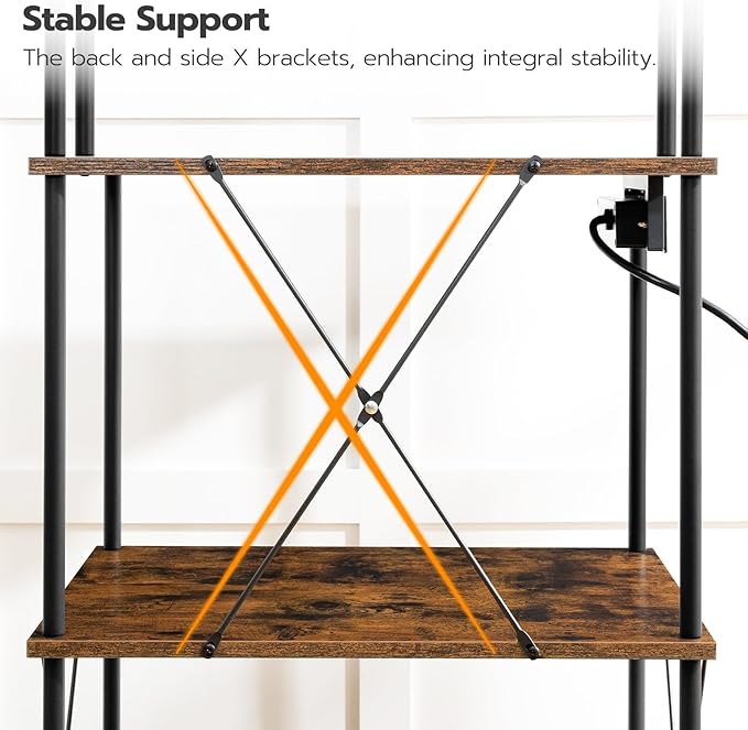 HOOBRO Kitchen Bakers Rack with Power Outlets, 5-Tier Microwave Stand, Coffee Bar with S-Shaped Hooks, Kitchen Storage Shelf Rack for Living Room, Dining Room, Rustic Brown and Black BF80UHB01