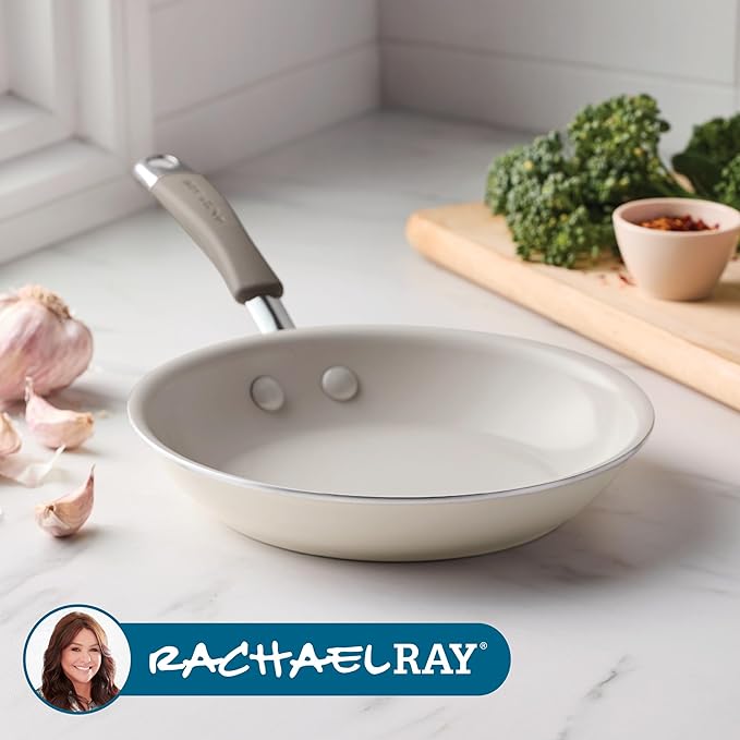 Rachael Ray Cucina Ceramic Nonstick Frying Pan/Skillet, 8.5 Inch Non Stick Open Fry Pan, Dishwasher Safe - Almond