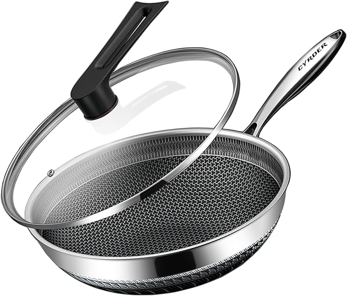 Hybrid 13.5Inch 316 Stainless Steel Pan, PFOA Free Non-Stick Wok, Dishwasher Oven Safe, Stay Cool Handle Skillet, Works with Induction Cooktop/Ceramic/Gas/Electric Stove