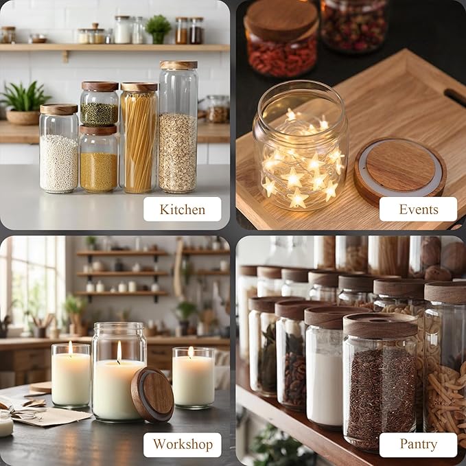 Glass Jars with Airtight Wood Lids - 17 oz Small Kitchen and Pantry Storage Containers, Canisters for Chia Seed, Ground Coffee, Sugar, Spice, Salt, Salad, Matcha, Set of 2