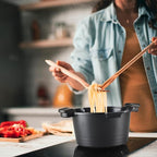 8.5qt Pasta Pot with Strainer Lid, Cast Aluminum Stockpot Multipot, Nonstick Ceramic Coating make Cleanup easy with Tempered Glass Lid, Dishwasher Safe, Induction, Black (Black, 8.5 Quarts)