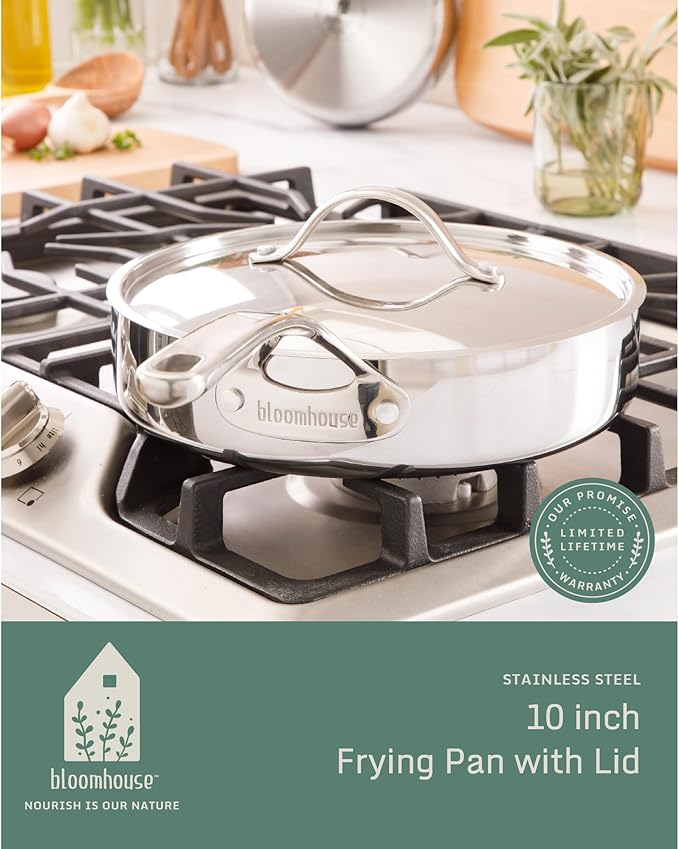 Bloomhouse - Two Time Oprah's Favorite Things Winner - 10 Inch Triply Stainless Steel Fry Pan W/Lid W/Non-Stick Non-Toxic Pro Ceramic Interior Frying Pan