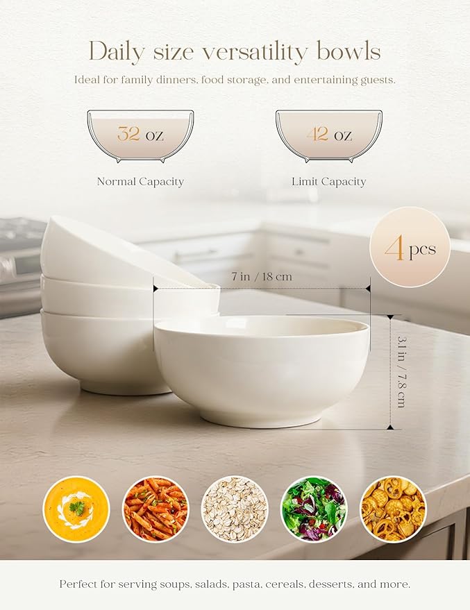 AISBUGUR 42 OZ Large Soup Bowls,Porcelain Salad Bowls Set of 4,Pho Bowls for Soup,Salad,Cereal,Pasta,Fruit,White Bowls Set for Dishwasher & Microwave Safe