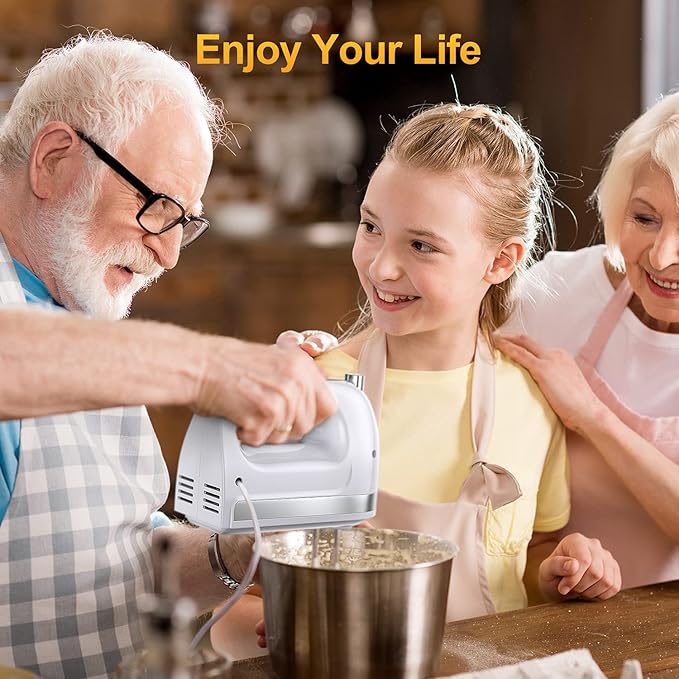 Hand Mixer Electric, 400W Food Mixer 5 Speeds Handheld Blender, 5 Stainless Steel Accessories, Storage Box, Kitchen Blender with Cord for Cream, Cookies, Dishwasher Safe, White